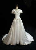 Classic Wedding Dress Ball Gown V Neck White Satin Long 70s Wedding Dresses Vintage Bride Dress Bridal Gowns HZ1121