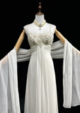 Unique Bridal Dress A line Spaghetti Straps White 90s Chiffon Wedding Dresses Vintage Bride Dress Bridal Gowns HZ1121