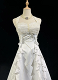 Unique Bridal Dress A line Halter Wedding Dress With Beads Layers White 90s Chiffon Wedding Dresses Vintage Bride Dress Bridal Gowns HZ1121