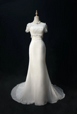 Unique Bridal Gown Mermaid Strapless Chiffon Wedding Dress With White Short Sleeves Lace Jacket Wedding Dresses Vintage 80s Wedding Gowns HZ1121