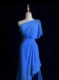 Vintage A line One Shoulder Sleeveless Royal Blue Chiffon Petite Mother Of Bride Dress Party Gown Floor Length For Summer Women Wedding HZ1121