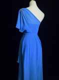 Vintage A line One Shoulder Sleeveless Royal Blue Chiffon Petite Mother Of Bride Dress Party Gown Floor Length For Summer Women Wedding HZ1121