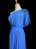 Vintage A line One Shoulder Sleeveless Royal Blue Chiffon Petite Mother Of Bride Dress Party Gown Floor Length For Summer Women Wedding HZ1121