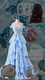 Pretty Off The Shoulder Ball Gown Light Sky Blue Lace Long Prom Dresses Party Dress Birthday Outfits Graduation Dresses HZ1121