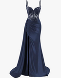 Elegant Mermaid Spaghetti Straps Pink Slit Satin Long Prom Dresses Party Dress Summer 20th Birthday Outfits 18th Birthday Dresses HZ1121