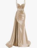 Elegant Mermaid Spaghetti Straps Pink Slit Satin Long Prom Dresses Party Dress Summer 20th Birthday Outfits 18th Birthday Dresses HZ1121