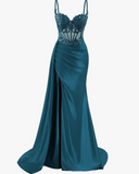 Elegant Mermaid Spaghetti Straps Pink Slit Satin Long Prom Dresses Party Dress Summer 20th Birthday Outfits 18th Birthday Dresses HZ1121