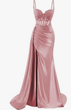 Elegant Mermaid Spaghetti Straps Pink Slit Satin Long Prom Dresses Party Dress Summer 20th Birthday Outfits 18th Birthday Dresses HZ1121