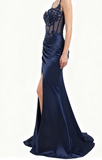 Elegant Mermaid Spaghetti Straps Pink Slit Satin Long Prom Dresses Party Dress Summer 20th Birthday Outfits 18th Birthday Dresses HZ1121