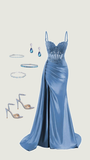 Elegant Mermaid Spaghetti Straps Blue Slit Satin Long Prom Dresses Party Dress Summer 20th Birthday Outfits 18th Birthday Dresses HZ1121