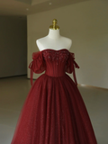 Pretty Ball Gown Off The Shoulder Burgundy Tulle Long Quinceanera Dress Formal Gowns Vestido De 15 Anos Sweet 16 Dress HZ1121