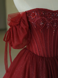 Pretty Ball Gown Off The Shoulder Burgundy Tulle Long Quinceanera Dress Formal Gowns Vestido De 15 Anos Sweet 16 Dress HZ1121