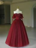 Pretty Ball Gown Off The Shoulder Burgundy Tulle Long Quinceanera Dress Formal Gowns Vestido De 15 Anos Sweet 16 Dress HZ1121