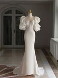 Retro Mermaid Sweetheart 3/4 Sleeves Satin Wedding Dress With Lace Wedding Dresses Modest Wedding Gowns HZ1121