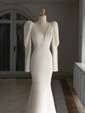 Simple Mermaid V Neck Long Sleeves Satin Wedding Dress With Buttons Wedding Dresses Modest Wedding Gowns Brides Dress HZ1121