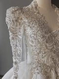 Luxury Ball Gown V Neck Long Sleeves Lace Wedding Dress With Silver Beads Wedding Dresses Modest Wedding Gowns Brides Dress HZ1121