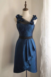 Vintage A Line Navy Blue Satin Flowers Mini Short Formal 8th Grade Homecoming Dresses Summer Middle School Hoco Dress 18th Birthday Outfits HZ1121