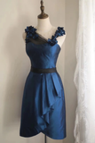 Vintage A Line Navy Blue Satin Flowers Mini Short Formal 8th Grade Homecoming Dresses Summer Middle School Hoco Dress 18th Birthday Outfits HZ1121