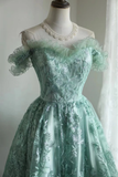 Vintage Ball Gown Off The Shoulder Green Lace Mini Short Formal 8th Grade Homecoming Dresses Summer Middle School Hoco Dress 20th Birthday Outfits HZ1121