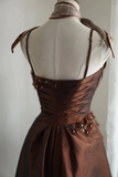 Retro A line Spaghetti Straps Brown Taffeta Mini Short Formal 8th Grade Homecoming Dresses Middle School Short Prom Dress Hoco Outfits HZ1121