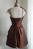 Retro A line Spaghetti Straps Brown Taffeta Mini Short Formal 8th Grade Homecoming Dresses Middle School Short Prom Dress Hoco Outfits HZ1121