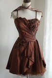 Retro A line Spaghetti Straps Brown Taffeta Mini Short Formal 8th Grade Homecoming Dresses Middle School Short Prom Dress Hoco Outfits HZ1121