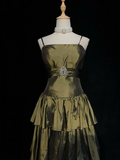 Vintage Ball Gown Spaghetti Straps Olive Green Taffeta Knee Length Formal 8th Grade Homecoming Dresses Middle School Prom Dress Hoco Outfits HZ1121