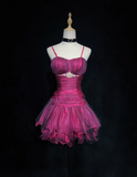 Unique Ball Gown Spaghetti Straps Pink Tulle Short Mini Formal 7th Grade Homecoming Dresses Middle School Short Cocktail Night Dress Hoco Outfits HZ1121