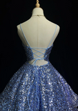 Cute Ball Gown Spaghetti Straps Blue Sequin Short Mini Formal 8th Grade Homecoming Dresses Middle School Cocktail Night Dress Hoco Outfits HZ1121