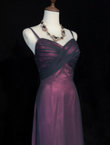 Elegant A line Spaghetti Straps Grape Tulle Long Prom Dresses Party Dress Summer 20th Birthday Outfits 18th Birthday Dresses HZ1121