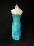 Vintage Sheath Strapless Blue Satin Knee Length Formal 8th Grade Homecoming Dresses Middle School Cocktail Dress Hoco Outfits HZ1121
