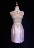 Vintage Sheath Scoop Neck Pink Short Satin Formal 8th Grade Homecoming Dresses Middle School Cocktail Dress Mini Hoco Outfits HZ1121
