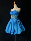 Vintage Ball Gown Strapless Blue Satin Short Mini Formal 8th Grade Homecoming Dresses Middle School Cocktail Dress Hoco Outfits HZ1121