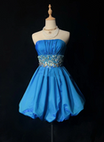 Vintage Ball Gown Strapless Blue Satin Short Mini Formal 8th Grade Homecoming Dresses Middle School Cocktail Dress Hoco Outfits HZ1121