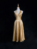 Vintage A Line Halter Gold Taffeta Tea Length Formal 8th Grade Homecoming Dresses Middle School Cocktail Dress Hoco Outfits HZ1121