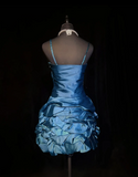 Vintage Ball Gown Spaghetti Straps Blue Satin Short Mini Formal 8th Grade Homecoming Dresses Middle School Cocktail Dress Hoco Outfits HZ1121