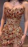 Trendy Sheath Strapless Beads Gold Mini Short Formal 8th Grade Homecoming Dresses Middle School Cocktail Dress Cocktail Outfits HZ1121
