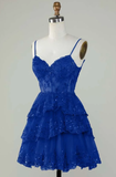 Unique A line Spaghetti Straps Blue Lace Short Mini Formal 7th Grade Homecoming Dresses Middle School Short Cocktail Night Dress Hoco Outfits HZ1121