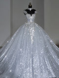 Unique Bridal Dress Ball Gown Scoop White Sequin Long Wedding Dresses Luxury Bride Dress Bridal Gowns HZ1121