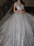 Unique Bridal Dress Ball Gown Scoop White Sequin Long Wedding Dresses Luxury Bride Dress Bridal Gowns HZ1121