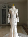 Luxury Mermaid V Neck Long Sleeves Lace White Wedding Dress Modest Wedding Dresses Princess Wedding Gowns HZ1121