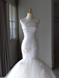Simple Mermaid Strapless Satin White Tulle Wedding Dress Modest Wedding Dresses Princess Wedding Gowns HZ1121