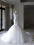 Simple Mermaid Strapless Satin White Tulle Wedding Dress Modest Wedding Dresses Princess Wedding Gowns HZ1121