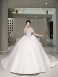 Unique Bridal Dress Ball Gown Off The Shoulder Silver Beads Satin White Long Wedding Dresses Luxury Bride Dress Bridal Gowns HZ1121