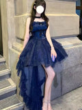 Cute French Style Ladies Fairy Spaghetti Straps Tulle Navy Blue Gotica Formal 8th Grade Homecoming Dresses Middle School Lolita Dress Hoco Outfits Lolita Outfits HZ1121