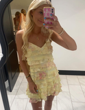Modest A line Spaghetti Straps Yellow Floral Chiffon Mini Short Formal 8th Grade Homecoming Dresses Middle School Semi Formal Hoco Dress Cocktail Outfits HZ1121