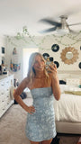 Unique Hoco Dresses Tight Sheath Short Strapless Light Blue Satin Mini Formal 8th Grade Homecoming Dresses Middle School 18th Birthday Outfits Hoco Outfit HZ1121