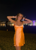 Modest A line Spaghetti Straps Orange Satin Short Formal 8th Grade Homecoming Dresses Middle School Semi Mini Formal Hoco Dress Backless Cocktail Outfits HZ1121