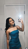 Cute Sheath Strapless Teal Satin Grad Dress Inspo Short Mini Formal 8th Grade Homecoming Dresses High School Hoco Court Dress Graduation Dress Cocktail Birthday Outfits HZ1121