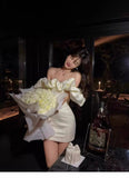 Classy Sheath Off The Shoulder White Satin Short Mini Formal 8th Grade Homecoming Dresses Middle School Hoco Court Dress 16th Birthday Dress Hoco Outfits HZ1121